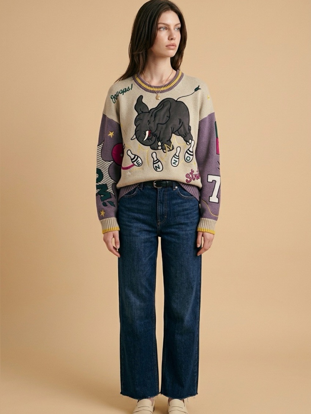 Kenzo Beige Crewneck Sweater with Black Embroidered Elephant & Purple Trim